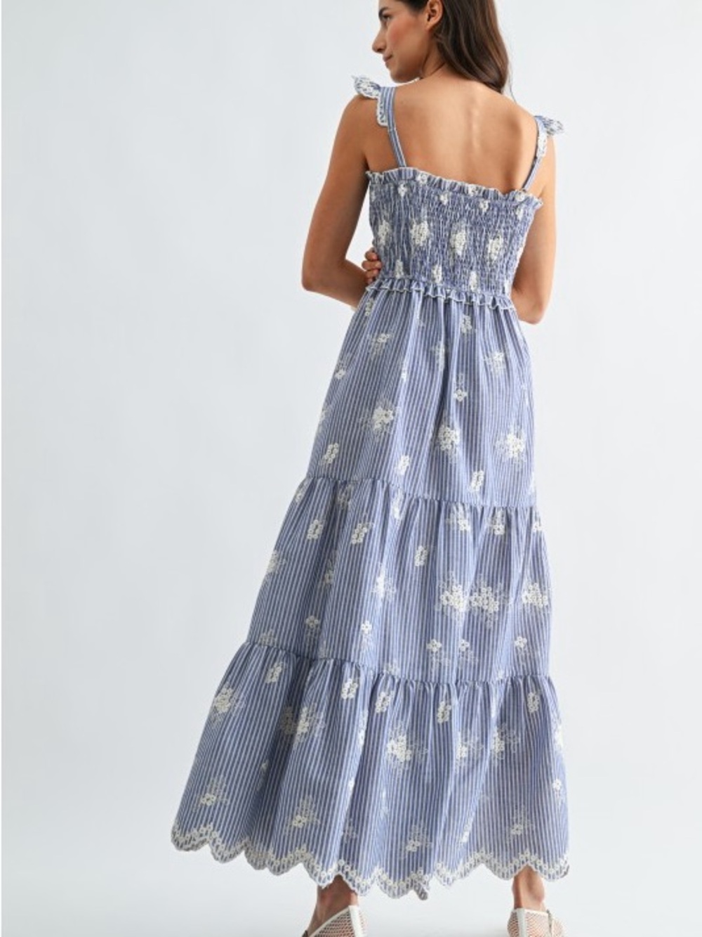 Camellia Blue Floral Striped Maxi Dress with Smocked Bodice - Picture 2 of 3